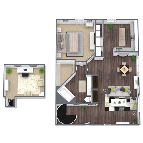 Floor plan for 1 bed, 1 bath, 1077 sqft