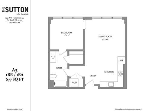 Floor plan for 1 bed, 1 bath, 677 sqft