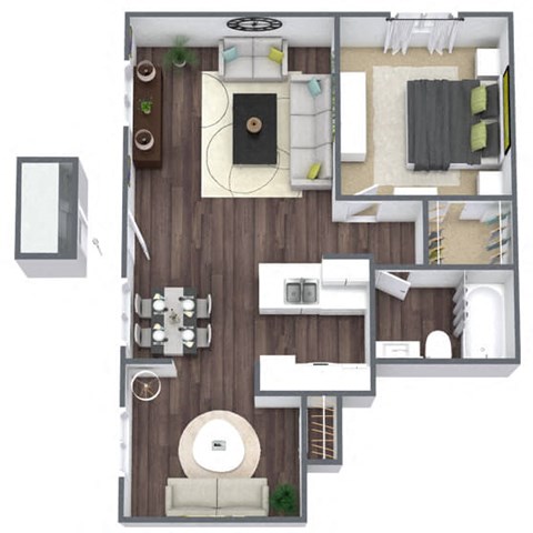 Floor plan for 1 bed, 1 bath, 601 sqft