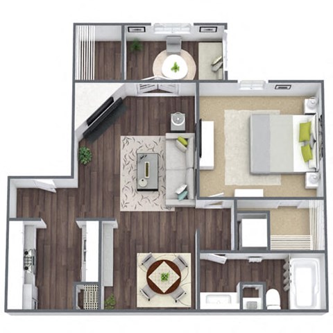 Floor plan for 1 bed, 1 bath, 735 sqft