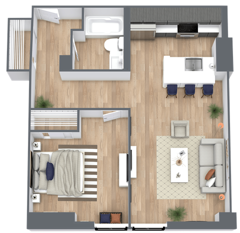Floor plan for 1 bed, 1 bath, 640 sqft