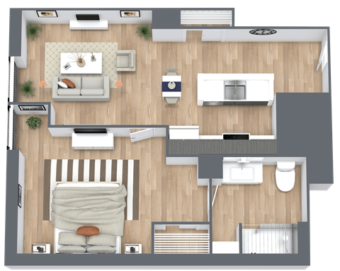 Floor plan for 1 bed, 1 bath, 594 sqft