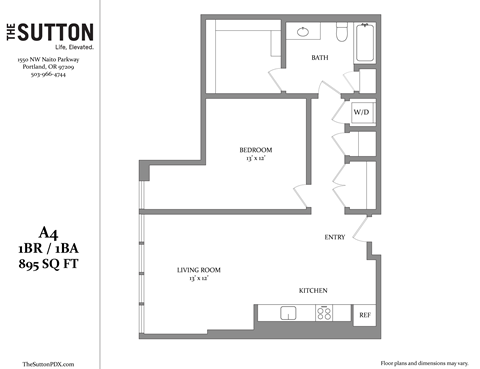 Floor plan for 1 bed, 1 bath, 895 sqft
