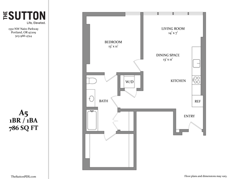 Floor plan for 1 bed, 1 bath, 786 sqft