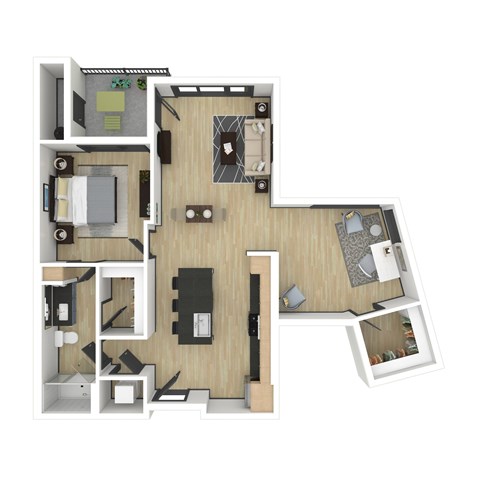 Floor plan for 1 bed, 1 bath, 971 sqft