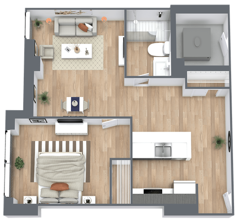 Floor plan for 1 bed, 1 bath, 672 sqft