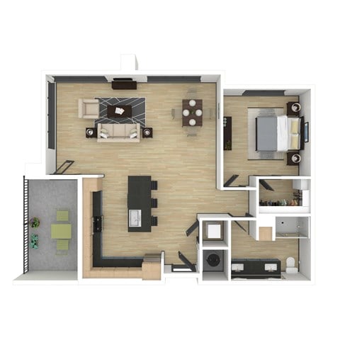 Floor plan for 1 bed, 1 bath, 957 sqft