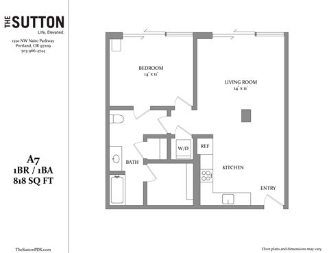 Floor plan for 1 bed, 1 bath, 818 sqft