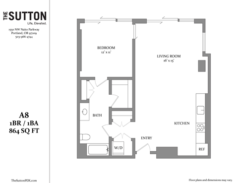 Floor plan for 1 bed, 1 bath, 864 sqft