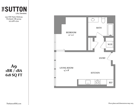 Floor plan for 1 bed, 1 bath, 570 sqft