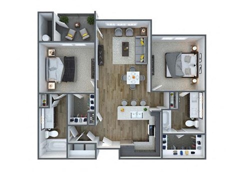 Floor plan for 2 beds, 2 baths, 1042 sqft
