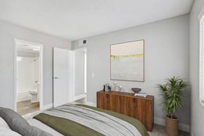 Las Vegas apartment for rent - a bedroom with a bed and a potted plant    and a bathroom