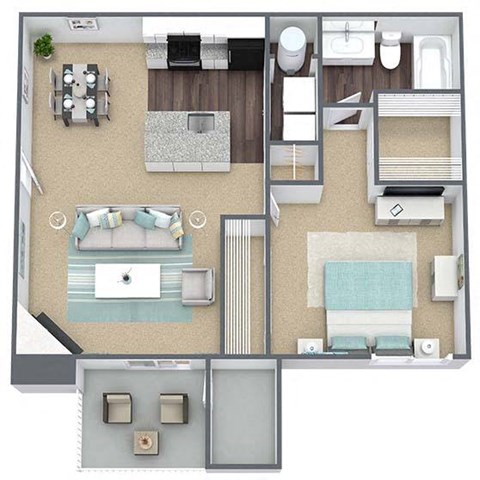 Floor plan for 1 bed, 1 bath, 630 sqft