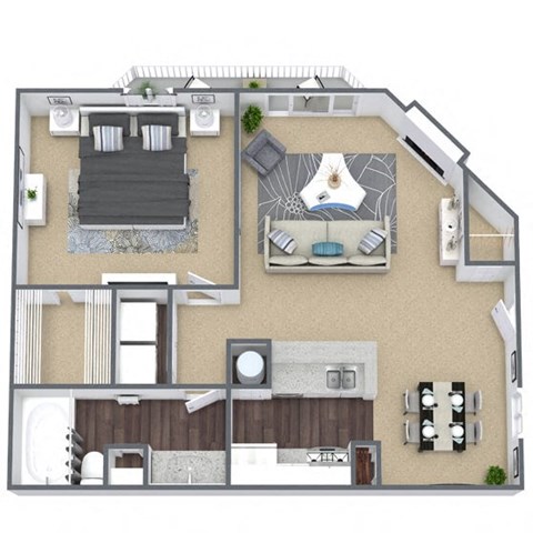 Floor plan for 1 bed, 1 bath, 687 sqft