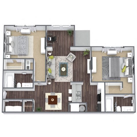 Floor plan for 2 beds, 2 baths, 1028 sqft