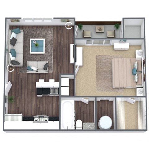 Floor plan for 1 bed, 1 bath, 600 sqft