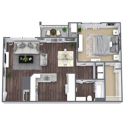 Floor plan for 1 bed, 1 bath, 750 sqft