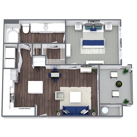 Floor plan for 1 bed, 1 bath, 664 sqft