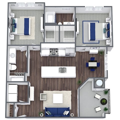 Floor plan for 2 beds, 2 baths, 969 sqft