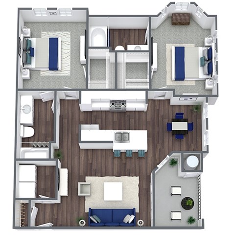 Floor plan for 2 beds, 2 baths, 1031 sqft