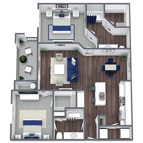 Floor plan for 2 beds, 2 baths, 1050 sqft