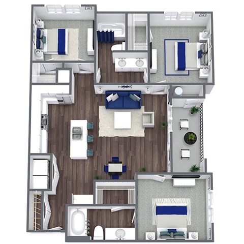 Floor plan for 3 beds, 2 baths, 1182 sqft