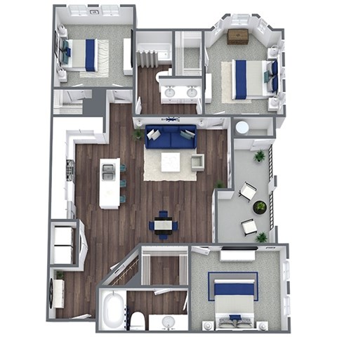 Floor plan for 3 beds, 2 baths, 1305 sqft