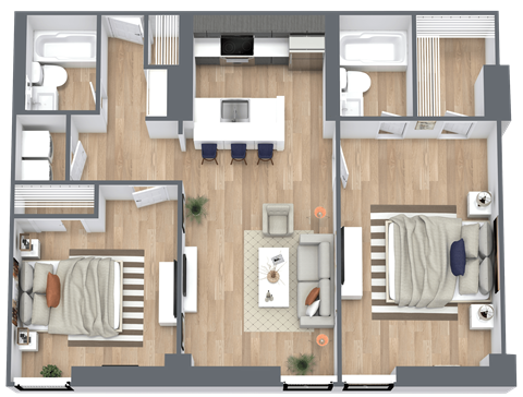 Floor plan for 2 beds, 2 baths, 930 sqft
