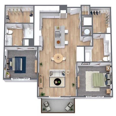 Floor plan for 2 beds, 2 baths, 1102 sqft