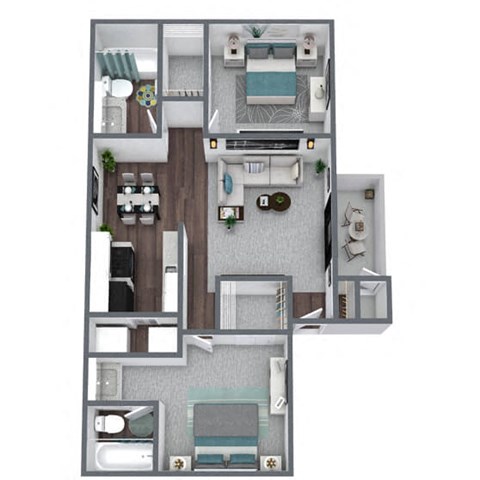 Floor plan for 2 beds, 2 baths, 850 sqft