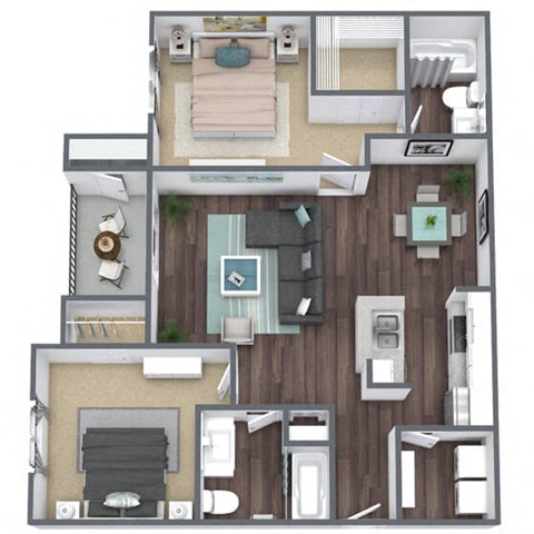 Floor plan for 2 beds, 2 baths, 1044 sqft