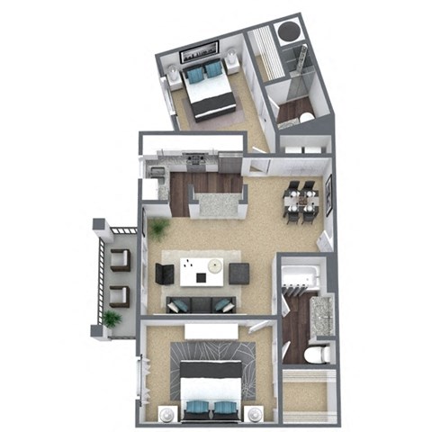 Floor plan for 2 beds, 2 baths, 931 sqft