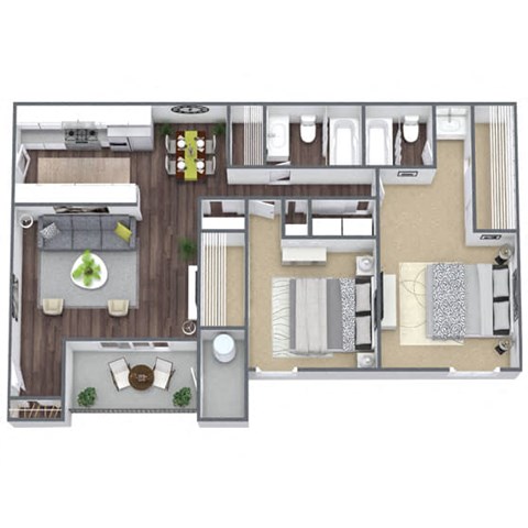 Floor plan for 2 beds, 2 baths, 960 sqft