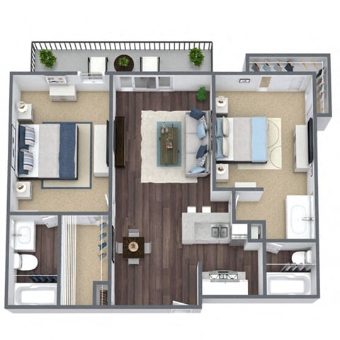 Floor plan for 2 beds, 2 baths, 983 sqft