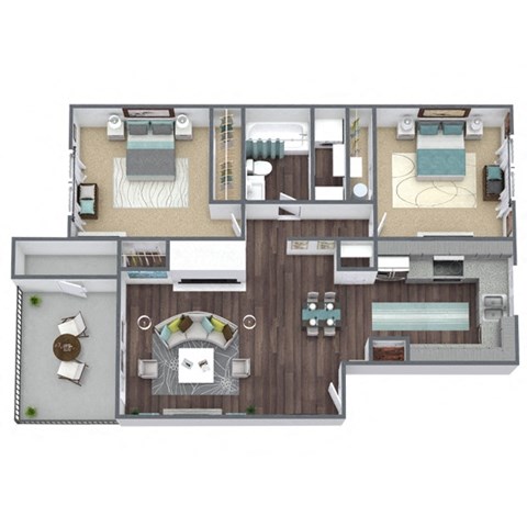 Floor plan for 2 beds, 1 bath, 862 sqft