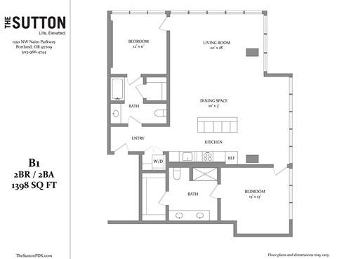 Floor plan for 2 beds, 2 baths, 1398 sqft