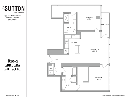 Floor plan for 2 beds, 2 baths, 1382 sqft