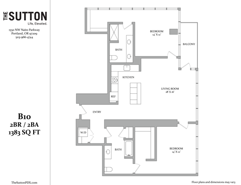 Floor plan for 2 beds, 2 baths, 1383 sqft