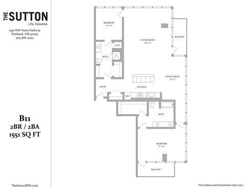 Floor plan for 2 beds, 2 baths, 1551 sqft