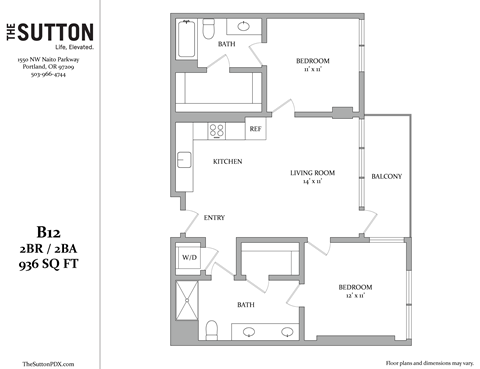 Floor plan for 2 beds, 2 baths, 936 sqft