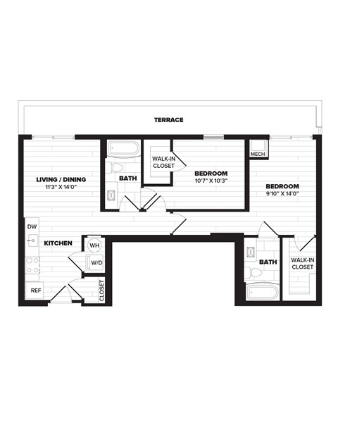 Floor plan for 2 beds, 2 baths, 909 sqft