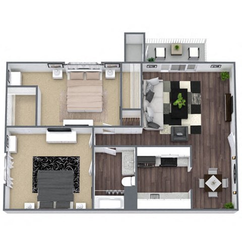 Floor plan for 2 beds, 1 bath, 840 sqft