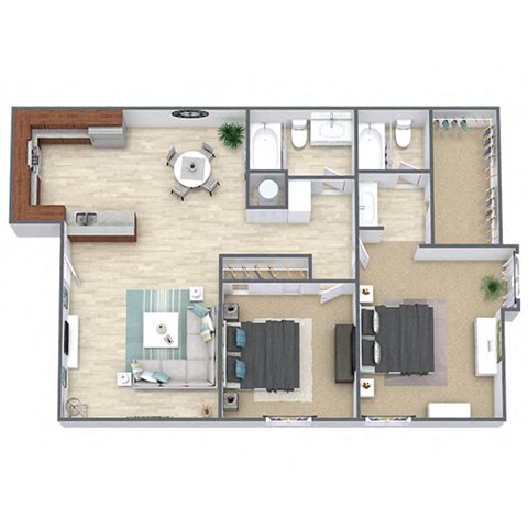 Floor plan for 2 beds, 2 baths, 900 sqft