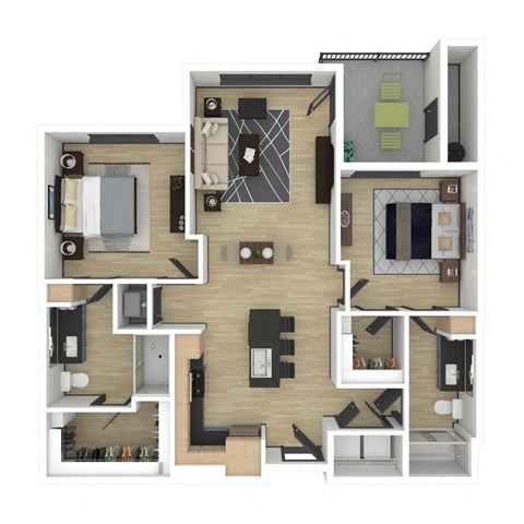 Floor plan for 2 beds, 2 baths, 1070 sqft