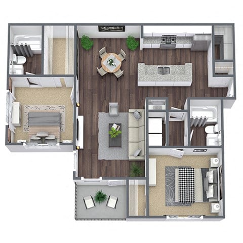 Floor plan for 2 beds, 2 baths, 1050 sqft