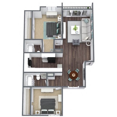 Floor plan for 2 beds, 2 baths, 1000 sqft
