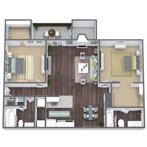 Floor plan for 2 beds, 2 baths, 981 sqft