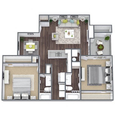 Floor plan for 2 beds, 2 baths, 1029 sqft
