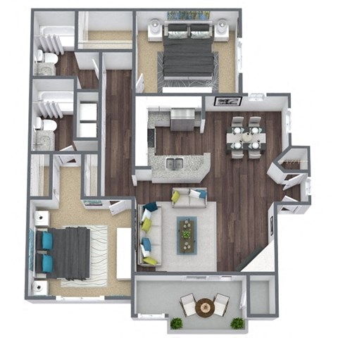 Floor plan for 2 beds, 2 baths, 1020 sqft