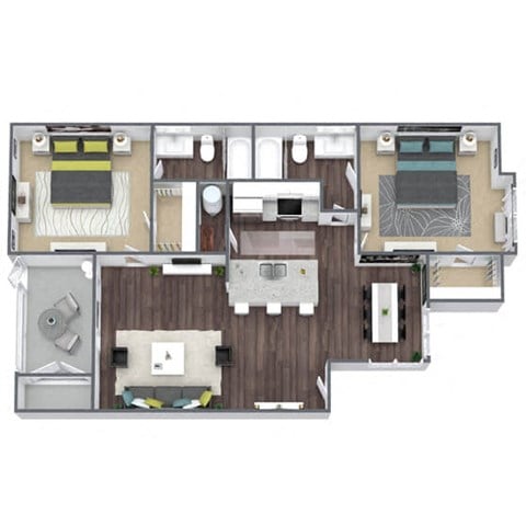 Floor plan for 2 beds, 2 baths, 962 sqft